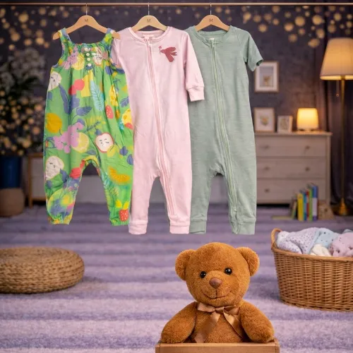 Multi Color 3 Piece Baby Romper Set with Teddy Bear Plush Toy - Product Image
