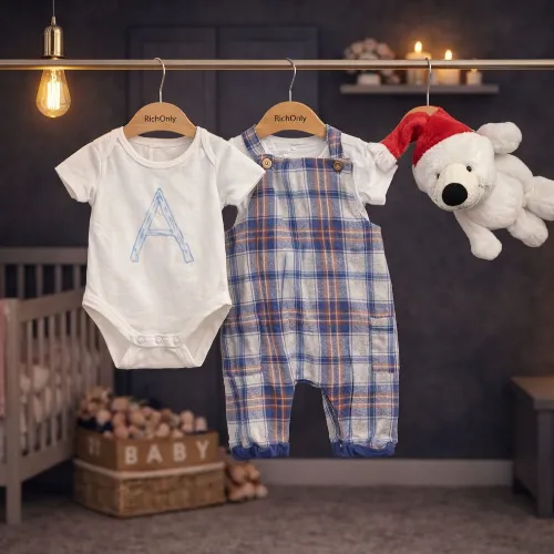2-Piece Baby Bodysuit & Checkered Romper Set with Cute Polar Bear Plush Toy - Product Image