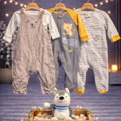 3 Piece Baby Sleepsuit Set with Husky Plush Toy - Product Image