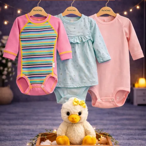 3 Piece Baby Bodysuit Set with Duck Plush Toy - Product Image