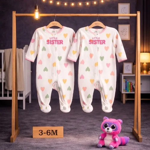 Baby Girls Twin Pack Winter Cotton Rompers with Pink & Purple Raccoon Plush Toy (3–6 Months) - Product Image