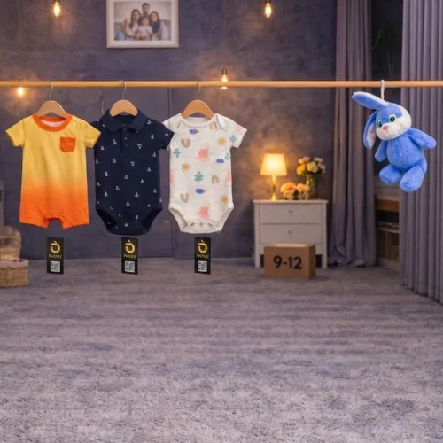 3-Piece Baby Bodysuit Set with Cute Blue Bunny Plush Toy - Product Image