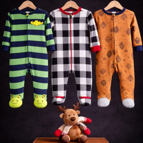 Boys 3-Piece Fleece Romper Set (18 Months) with Plush Reindeer Toy - Product Image