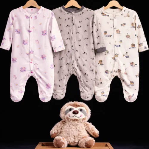 Baby Printed Cotton Rompers Set (6–9 Months) with Sloth Soft Toy - Product Image