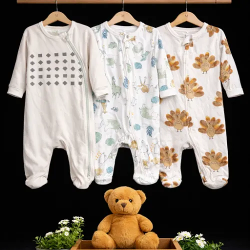 Baby Printed Cotton Rompers Set (6-9 Months) with Teddy Bear Soft Toy - Product Image