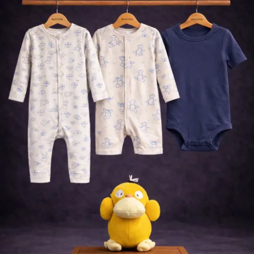 3 Piece Baby Rompers Set (12–18M) with Duck Plush Toy - Product Image