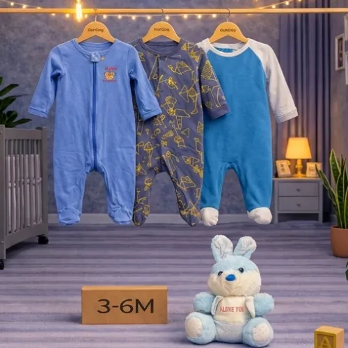 3 Piece Baby Sleepsuit Set with Blue Bunny Plush Toy - Product Image