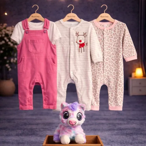 3 Piece Baby Romper Set with Unicorn Plush Toy - Product Image