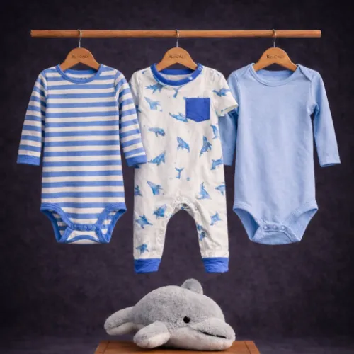 3 Piece Baby Rompers Set (12–18M) with Dolphin Plush Toy - Product Image