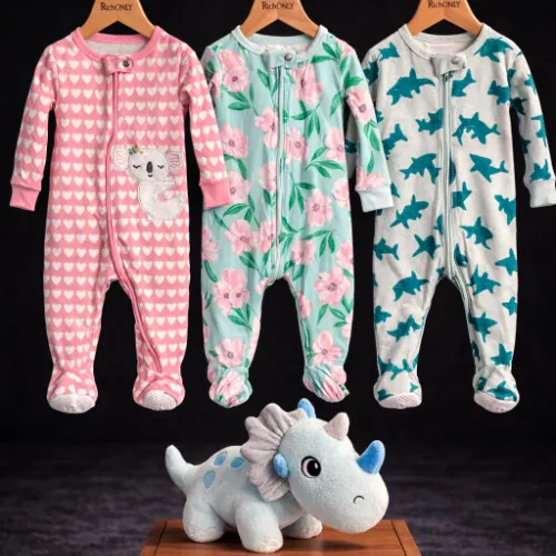 3 Piece Baby Rompers Set with Dinosaur Plush Toy - Product Image