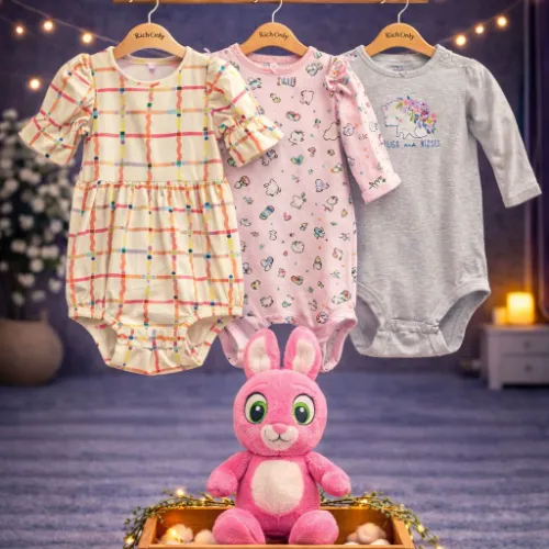 Multi Color 3 Piece Baby Bodysuit Set with Pink Bunny Plush Toy - Product Image