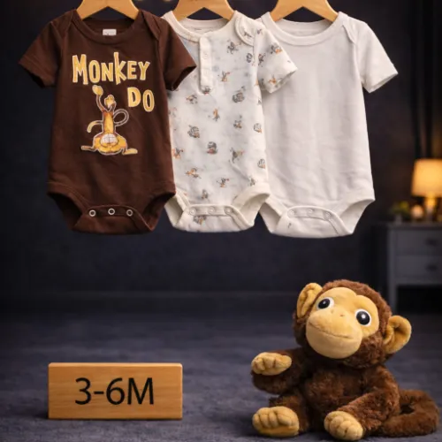 Baby Boys Cotton Rompers Set – Monkey Print Rompers Pack with Monkey Plush Toy - Product Image