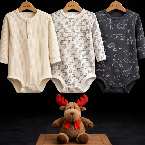 Baby Unisex 3-Pack Cotton Rompers Set with Reindeer Plush Toy - Product Image