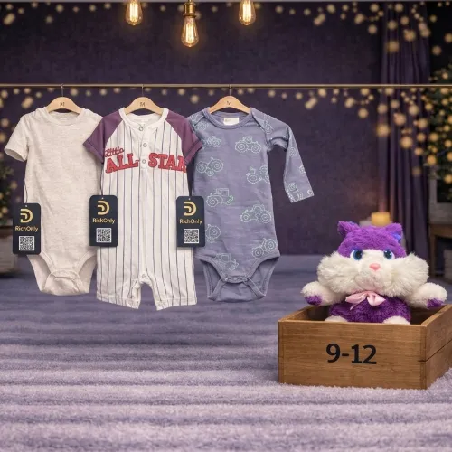 3 Piece Baby Bodysuit & Romper Set with Purple Cat Plush Toy - Product Image