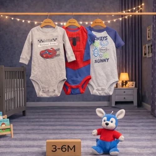 3 Piece Baby Bodysuit Set with Blue Bunny Plush Toy - Product Image