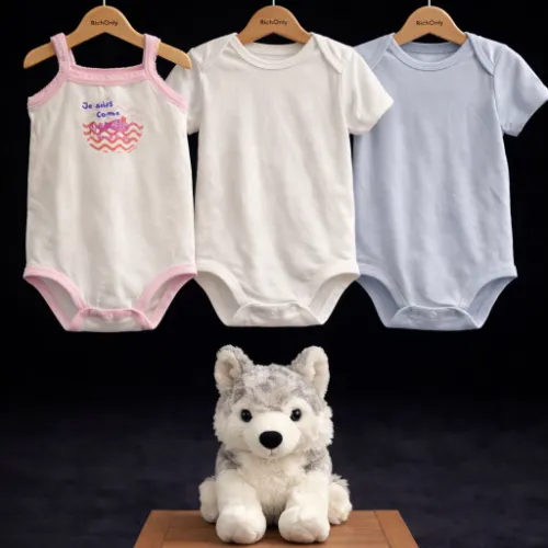Baby Soft Cotton Rompers Set with Husky Plush Toy - Product Image