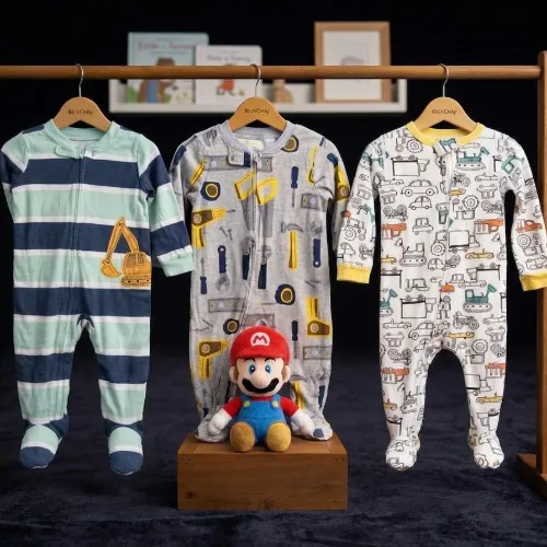 Baby Boys Printed Cotton Rompers Set with Mario Plush Toy - Product Image