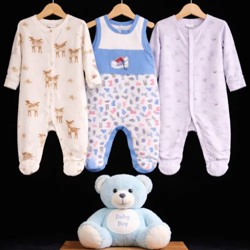3-Piece Little Explorer Footed Sleeper Set with Baby Boy Blue Bear Plush - Product Image