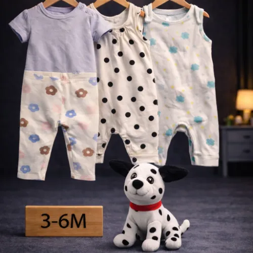 Baby Unisex 3-Pack Soft Cotton Rompers Set with Dalmatian Puppy Plush Toy (3–6 Months) - Product Image