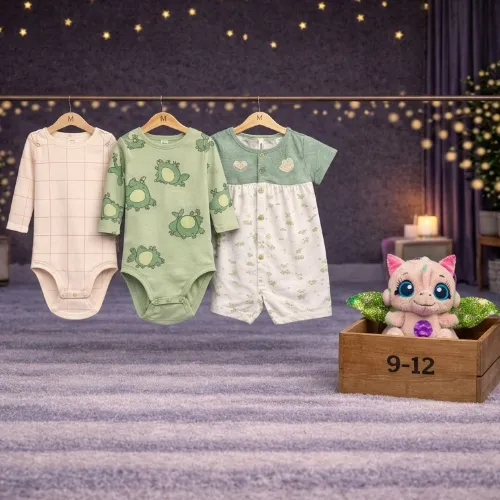 3 Piece Baby Bodysuit & Romper Set with Dragon Plush Toy - Product Image