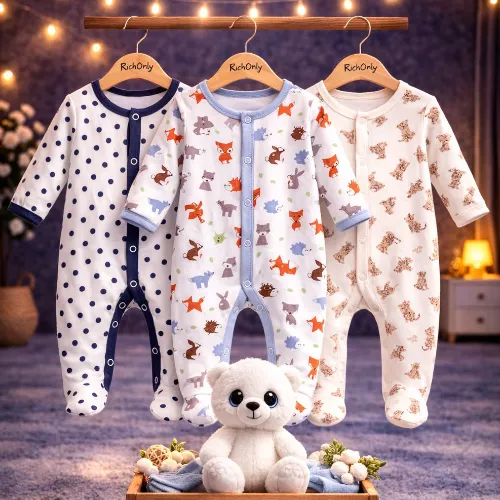 Multi Color 3 Piece Baby Romper Set with White Teddy Bear Plush Toy - Product Image