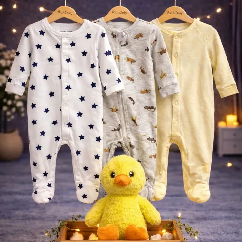 Multi Color 3 Piece Baby Romper Set with Yellow Duck Plush Toy - Product Image