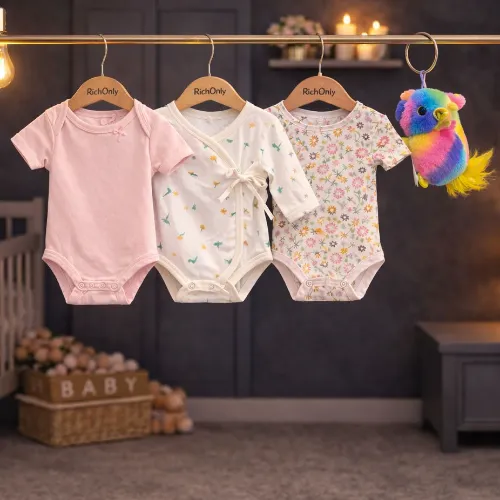 3-Piece Baby Cotton Bodysuit Set with Colorful Parrot Plush Toy - Product Image