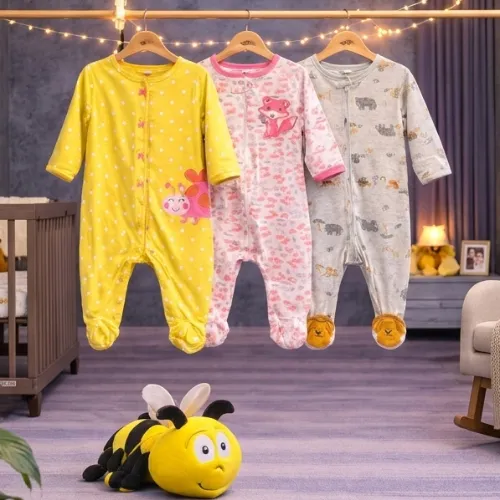 3 Piece Baby Sleepsuit Set with Bee Plush Toy - Product Image