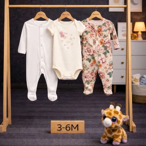 Baby Cotton Floral & Classic Rompers Set with Giraffe Plush Toy - Product Image