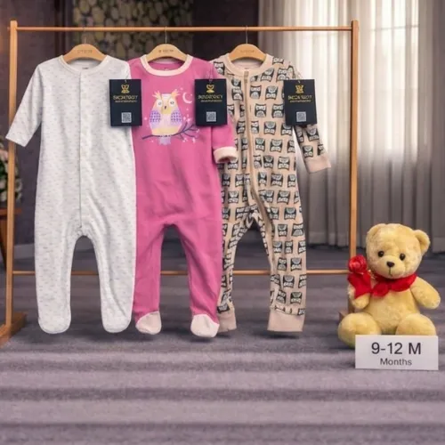 3 Piece Baby Sleepsuit Set with Beige Teddy Bear Plush Toy - Product Image