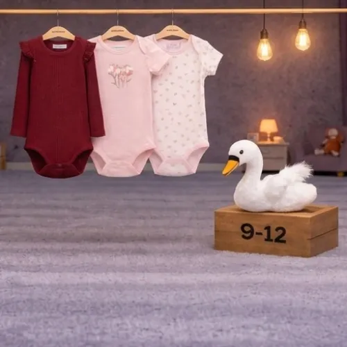 3 Piece Baby Girl Bodysuit Set with White Swan Plush Toy - Product Image
