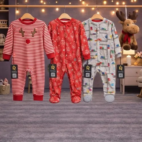 Multi Color 3-Piece Baby Sleepsuit Set with Reindeer Plush Toy - Product Image