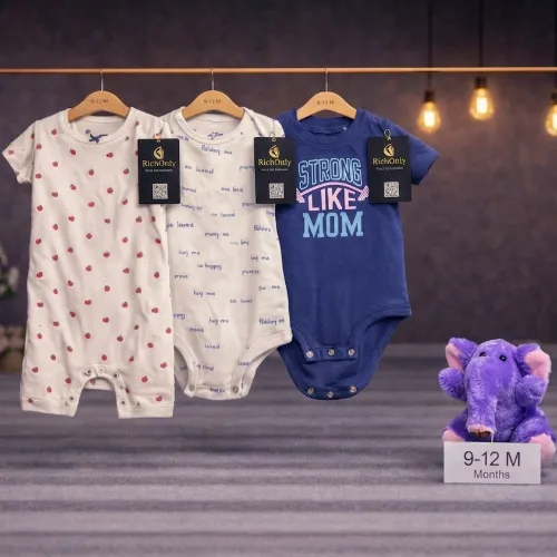 3 Piece Baby Romper Set with Purple Elephant Plush Toy - Product Image