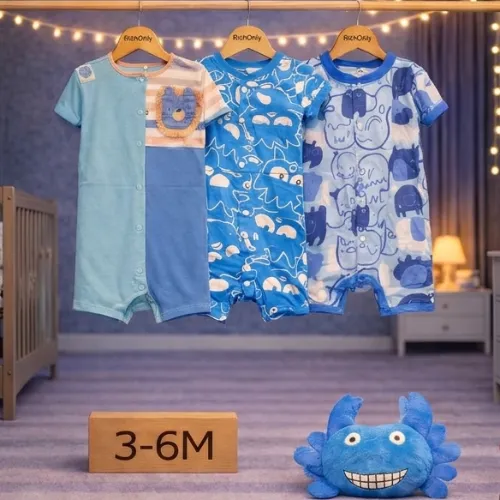 Baby Cotton Rompers Set with Blue Crab Plush Toy - Product Image