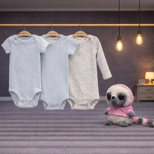3 Piece Baby Bodysuit Set with Pink Sloth Plush Toy - Product Image