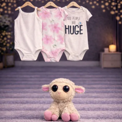 3 Piece Baby Bodysuit Set with Lamb Plush Toy - Product Image